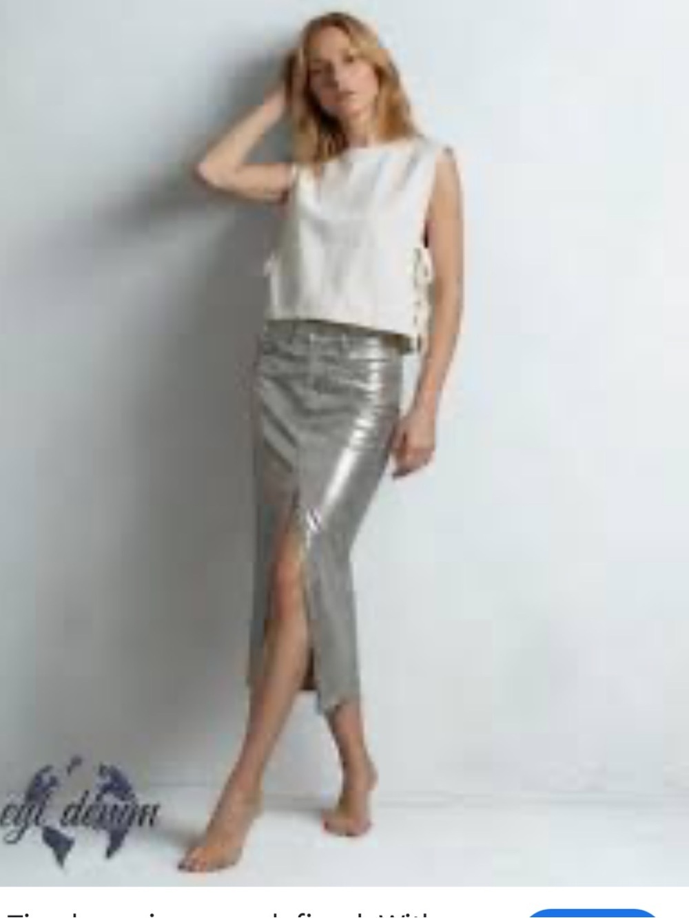 Rue Mazarine MMetallic Silver Midi Skirt with Front Slit M